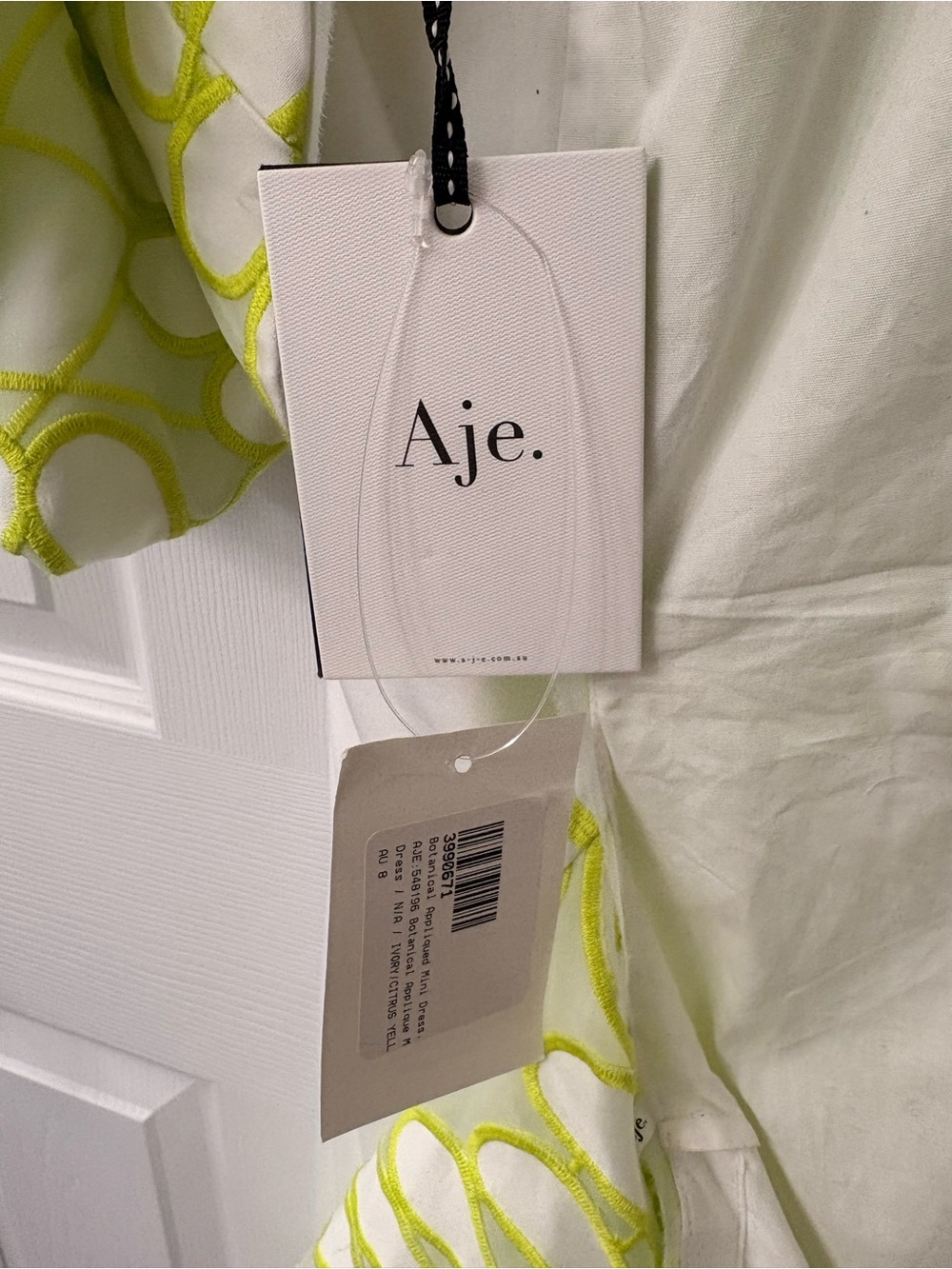 Aje White Dress with Neon Yellow Embroidery and Puff Sleeves - Picture 5 of 6